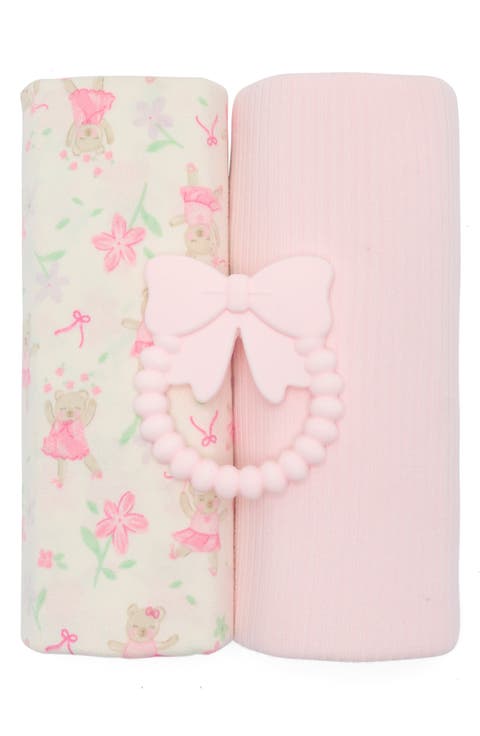 3-Piece Assorted Swaddle Blankets & Teether Set