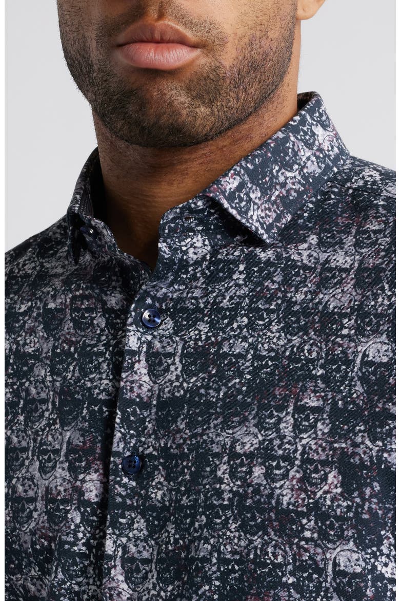 Skull Print Button-Up Shirt, Alternate, color, DK BLUE