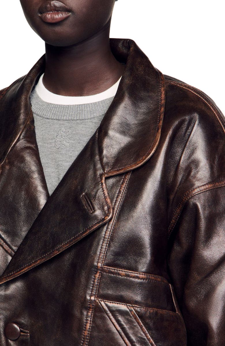 SANDRO Oversized leather jacket, Alternate, color, Brown