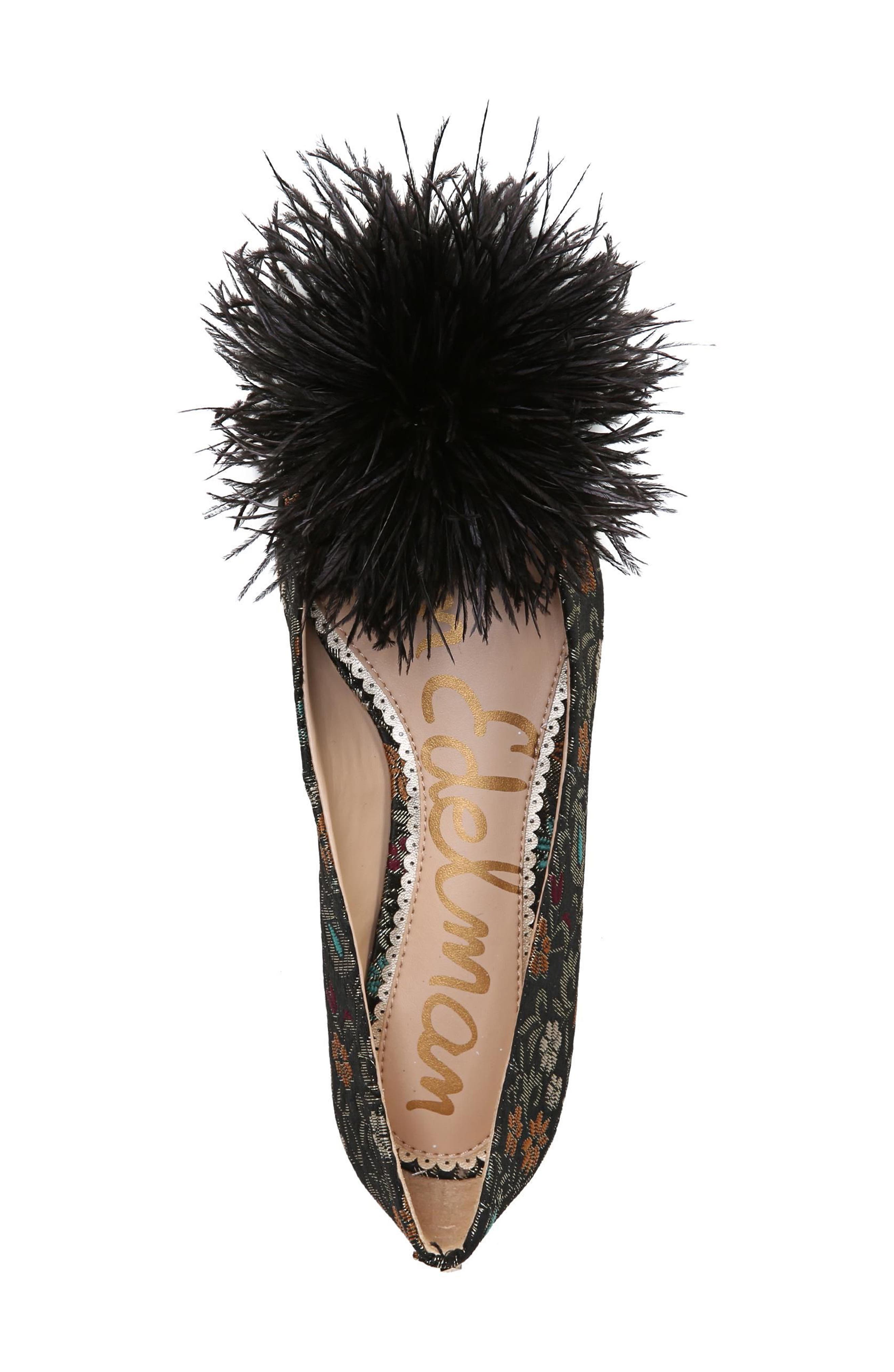 Reina Feather Pompom Flat, Alternate, color, BLACK FLORAL BROCADE