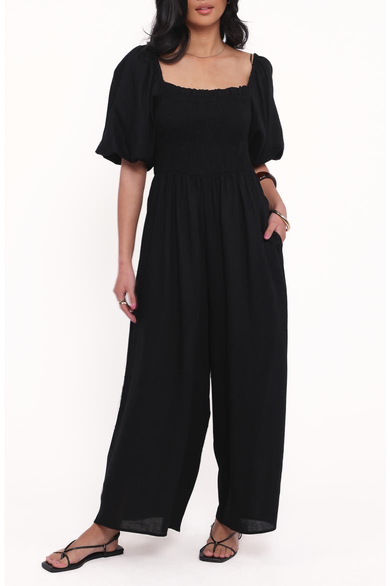 Ebony Smocked Puff Sleeve Wide Leg Jumpsuit, Main, color, BLACK
