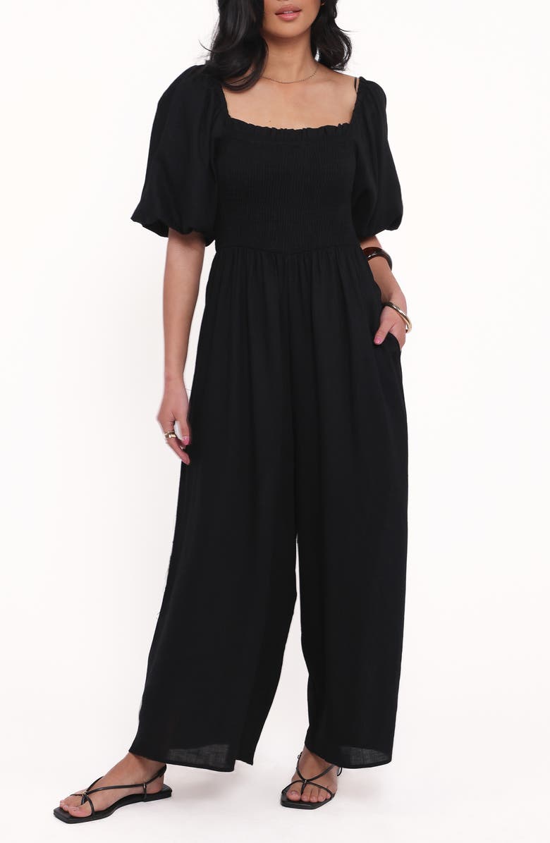 Petal & Pup Ebony Smocked Puff Sleeve Wide Leg Jumpsuit, Main, color, Black