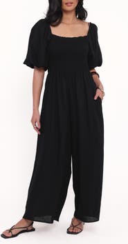 Petal & Pup Ebony Smocked Puff Sleeve Wide Leg Jumpsuit
