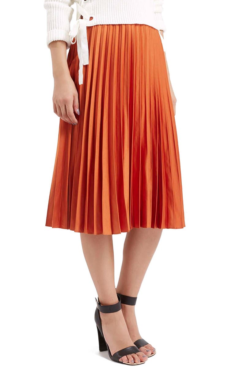Topshop Pleated Satin Midi Skirt, Main, color, 