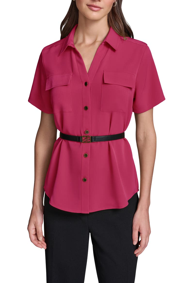 Belted Button-Up Shirt, Main, color, CURRANT