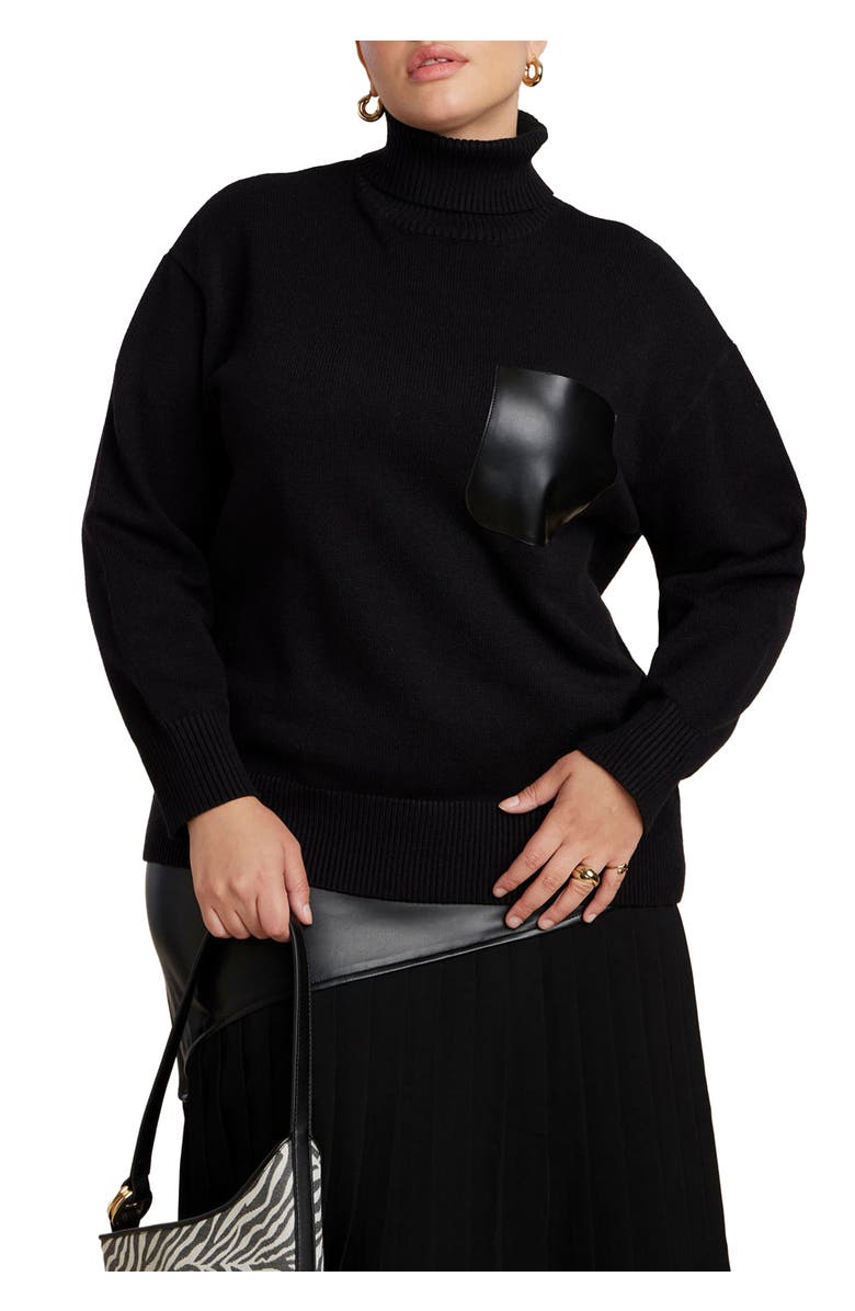 ELOQUII Faux Leather Pocket Turtleneck Sweater, Main, color, 