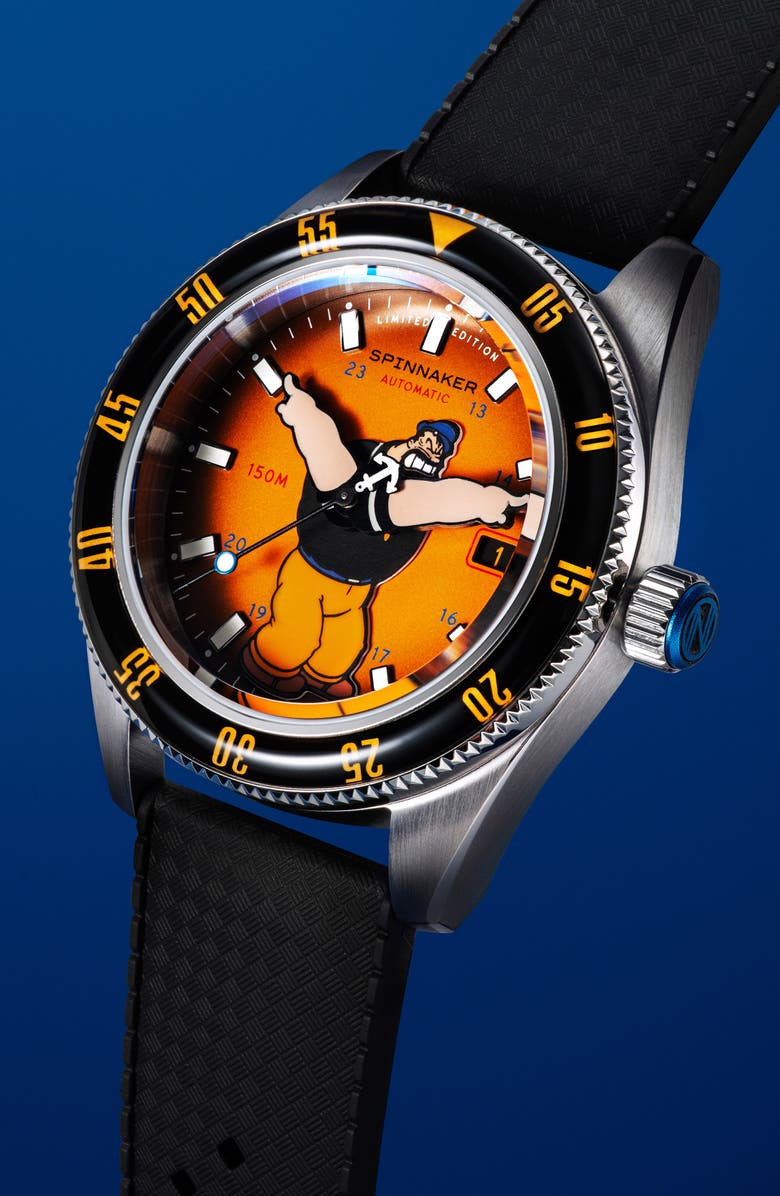 SPINNAKER x Popeye Fleuss Bronemies Automatic Silicone & Nylon Strap Watch, 43mm, Alternate, color, Yellow