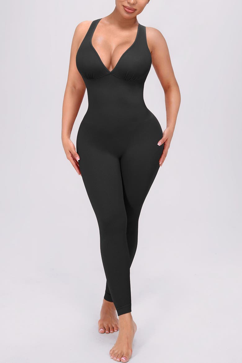 Plunge Built-In Bra Shaping Jumpsuit, Alternate, color, Black