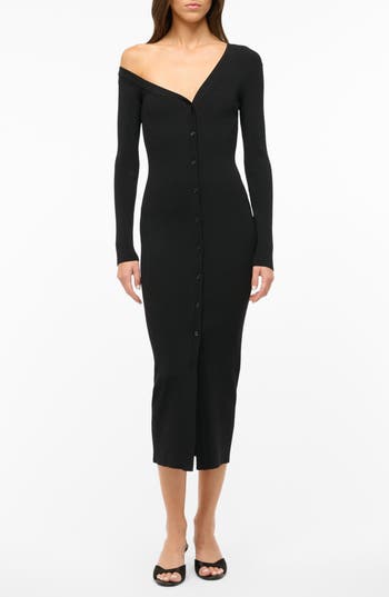 Staud Craftsman One-shoulder Long Sleeve Rib Midi Dress In Black