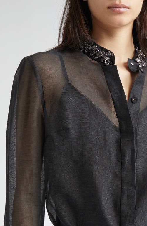 Zimmermann Hypnotic Crystal Embellished Sheer Linen & Silk Button-up Shirt In Black