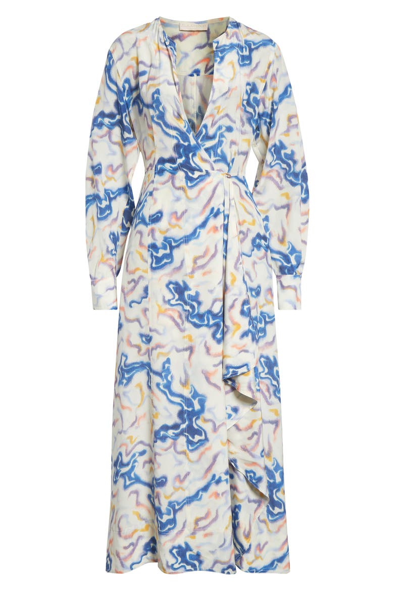Adalyn Ikat Wave Print Long Sleeve Silk Crêpe de Chine Midi Dress, Alternate, color, PRISM