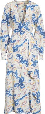 Ulla Johnson Adalyn Ikat Wave Print Long Sleeve Silk Crêpe de Chine Midi Dress