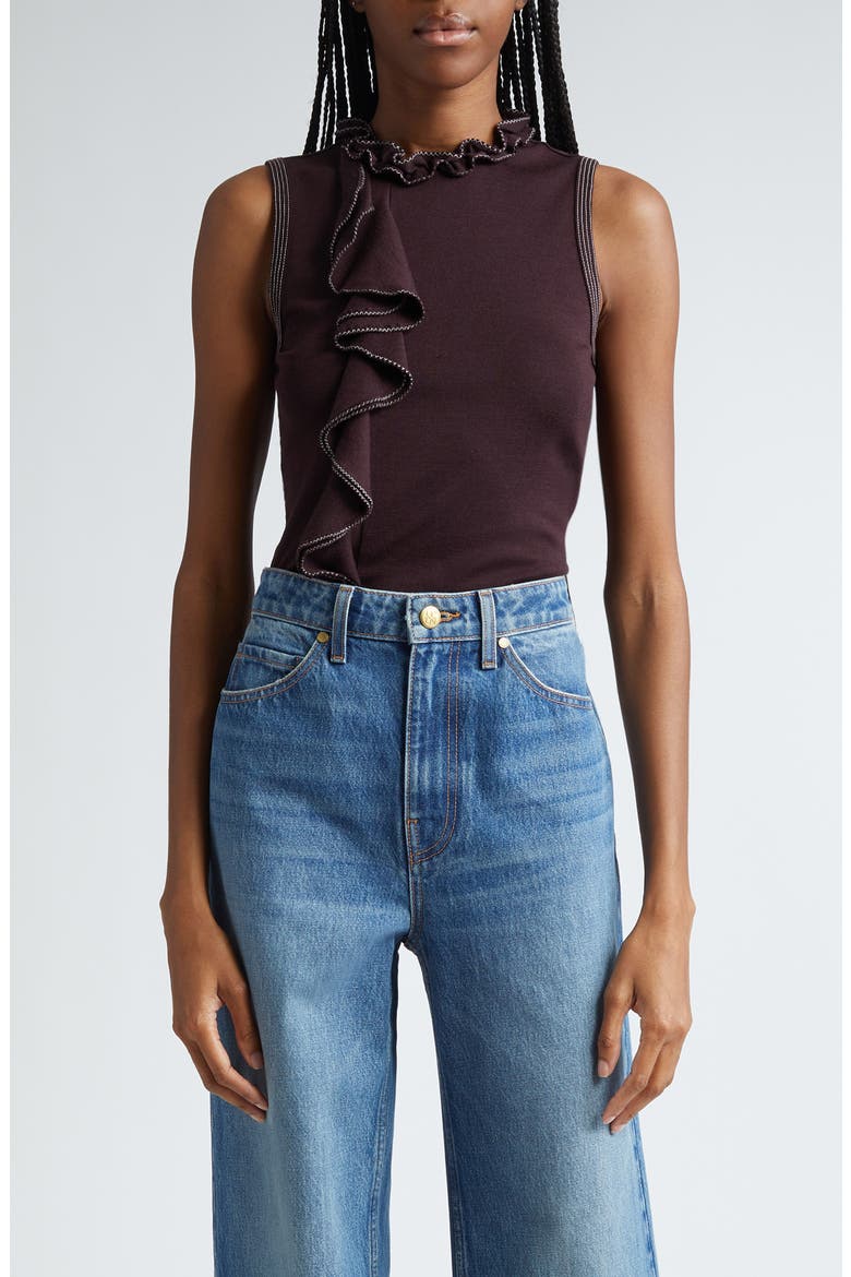 Brea Ruffle Sleeveless Organic Wool Knit Top, Main, color, MAHOGANY