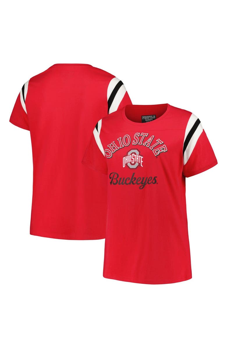 PROFILE Women's Profile Scarlet Ohio State Buckeyes Plus Size Striped Tailgate Scoop Neck T-Shirt, Main, color, Scarlet