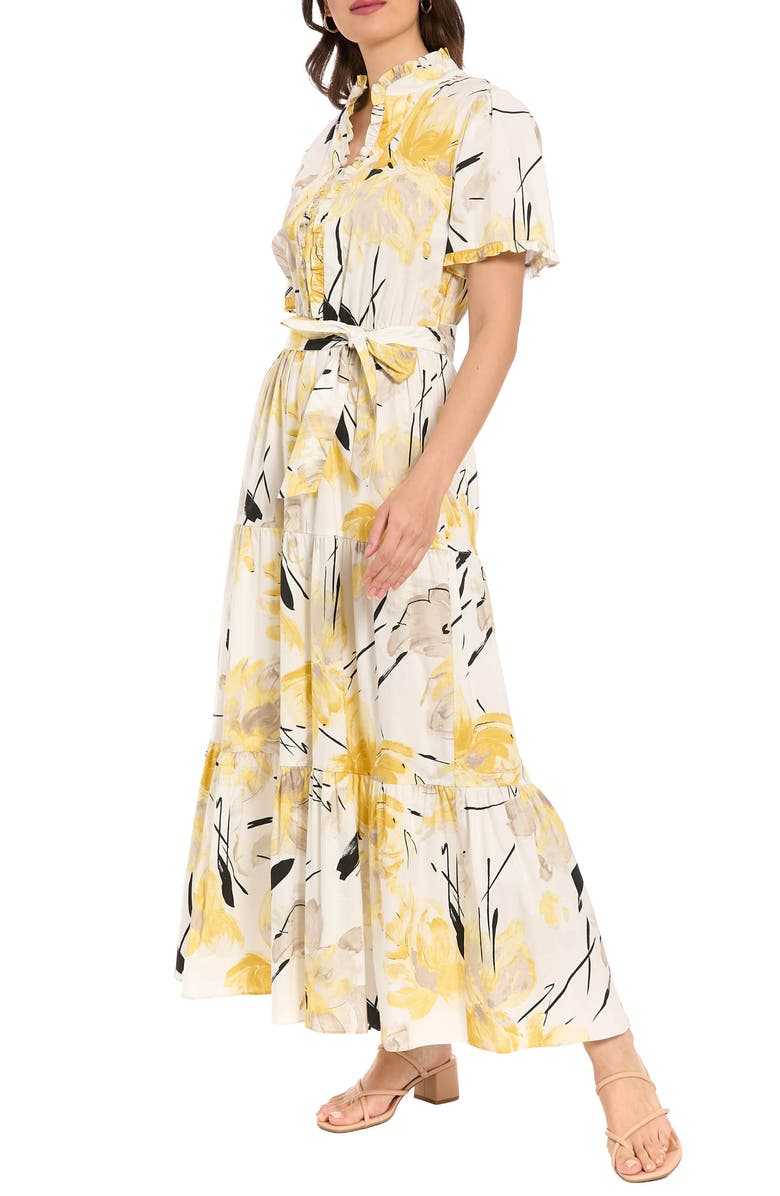 London Times Ruffle Neck Maxi Dress, Alternate, color, Brilliant White/ Yellow
