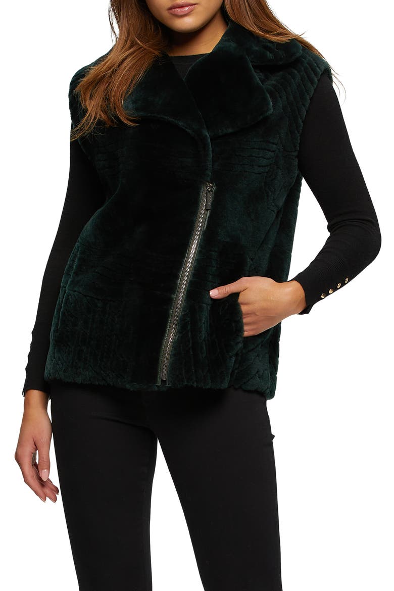 Genuine Shearling Zip Vest With Grooved Pattern, Alternate, color, EMERALD