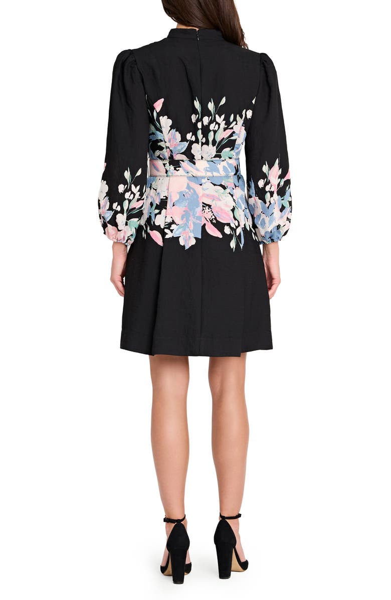 Tahari ASL Print Belted Long Sleeve Dress, Alternate, color, Black Blue Pink