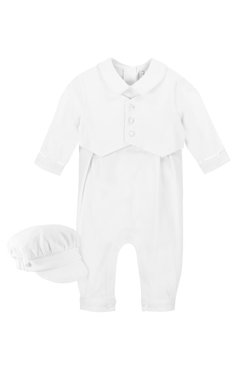 Carriage Boutique Elegant Christening Romper & Newsboy Cap Set, Main, color, White