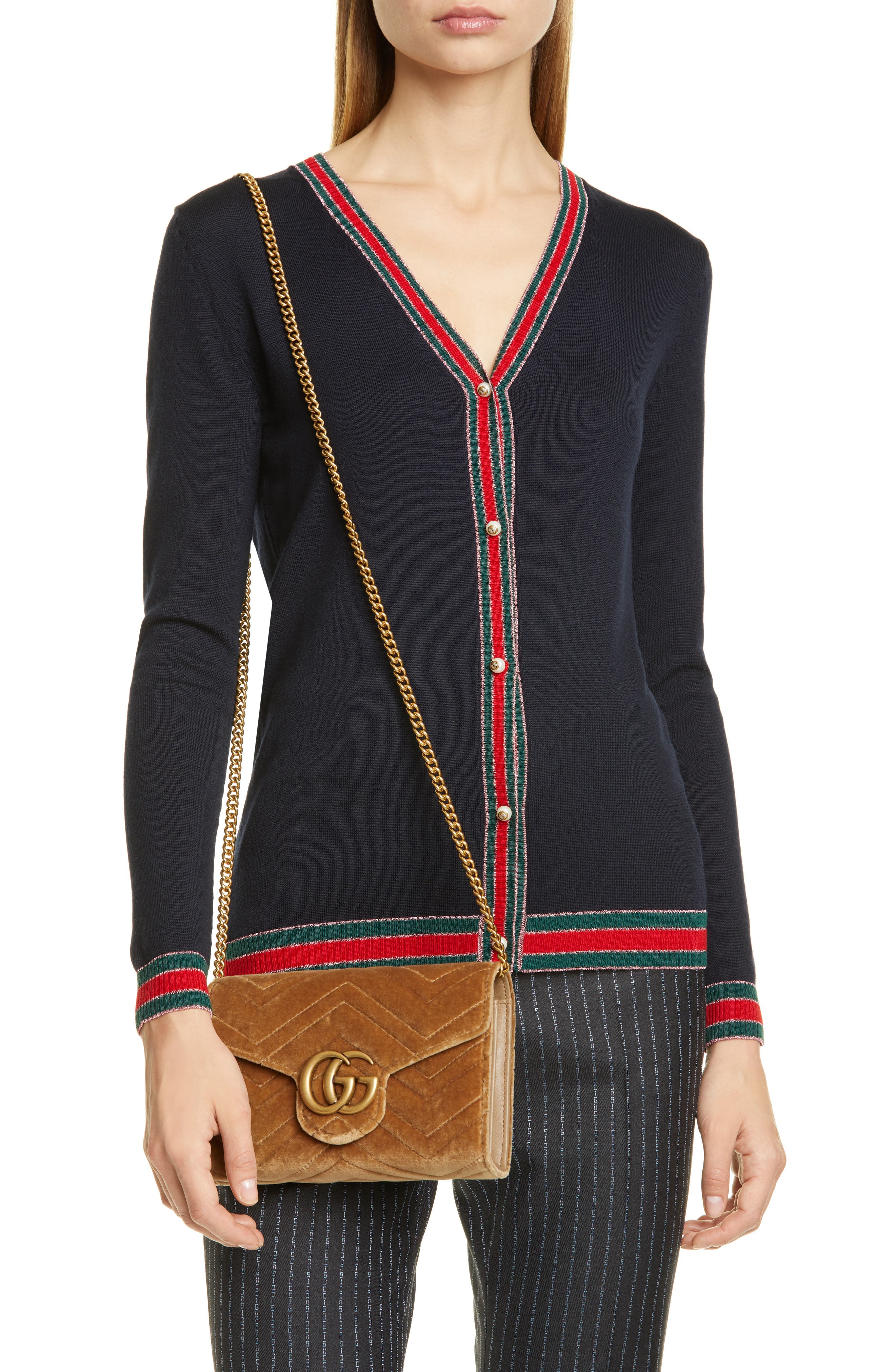 GG Marmont 2.0 Matelassé Velvet Wallet on a Chain, Alternate, color, TAUPE/ TAUPE