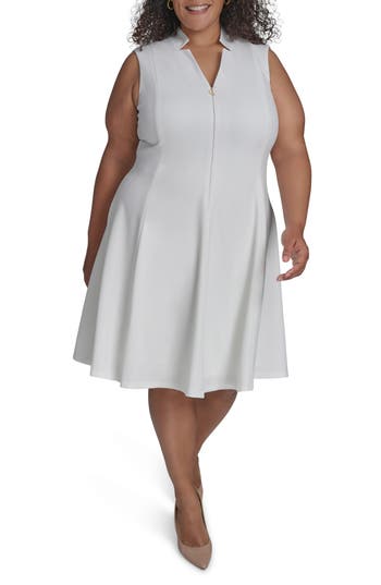 Calvin Klein Logo Zip Scuba Crepe Dress In Cream