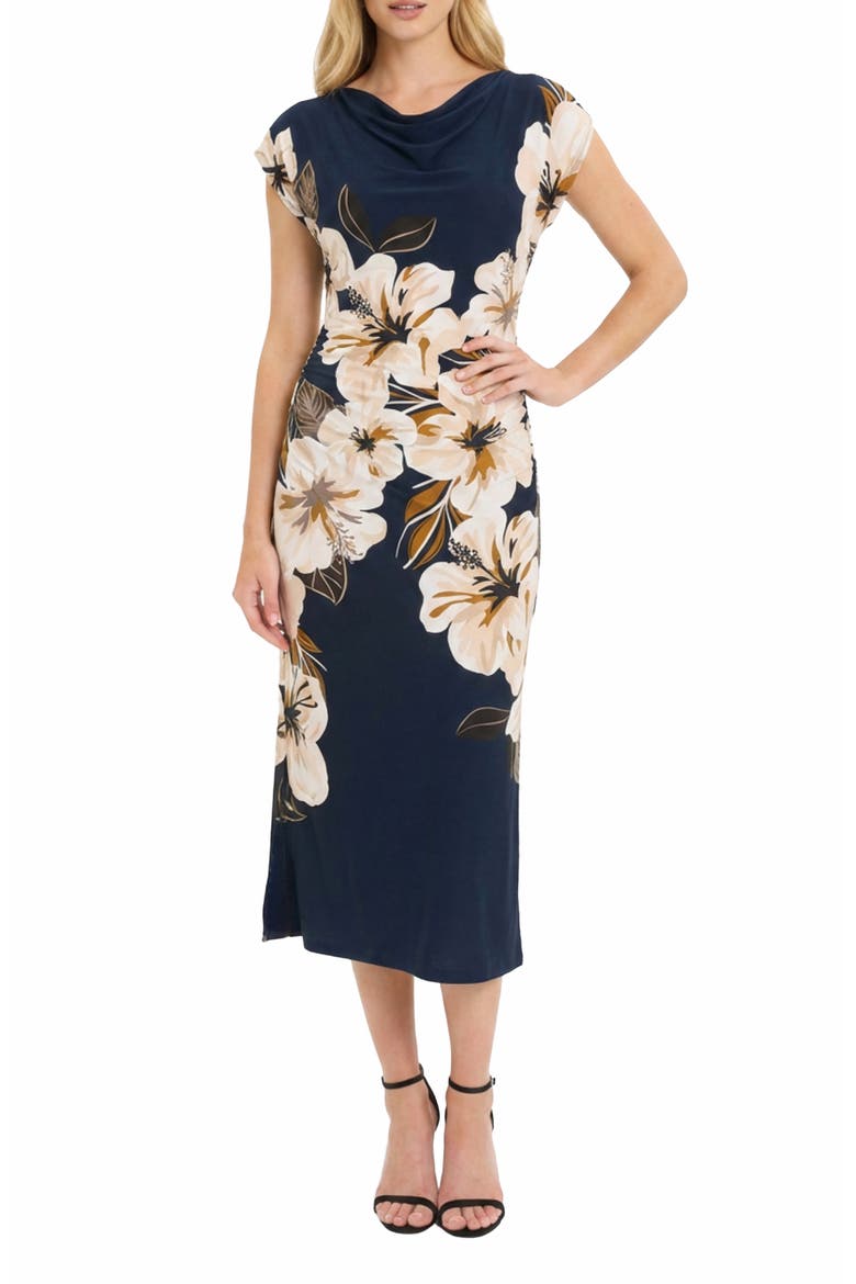 Placed Floral Cowl Neck Dress, Main, color, DEEP INDIGO/ IVORY