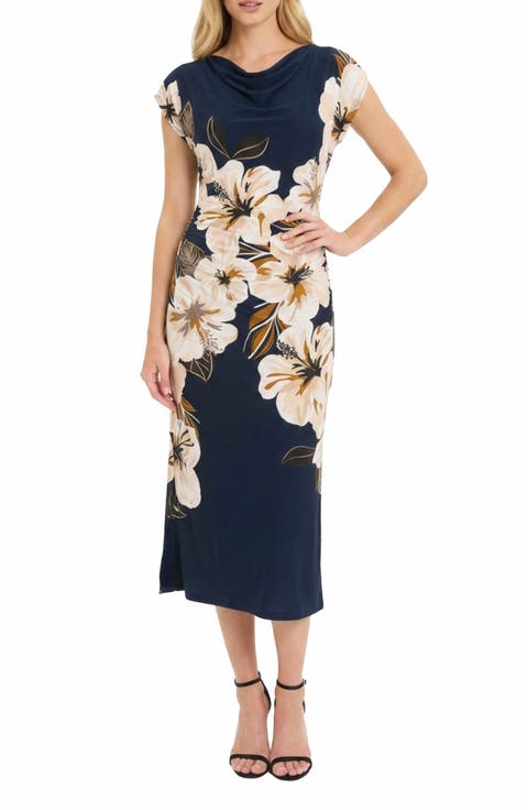 Placed Floral Cowl Neck Dress