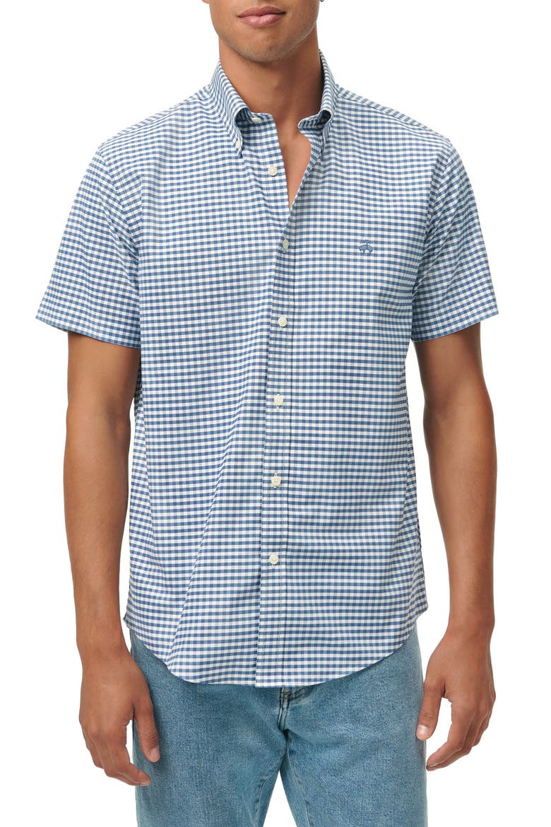 Gingham Short Sleeve Stretch Cotton Button-Down Shirt, Main, color, TRUE NAVY GINGHAM