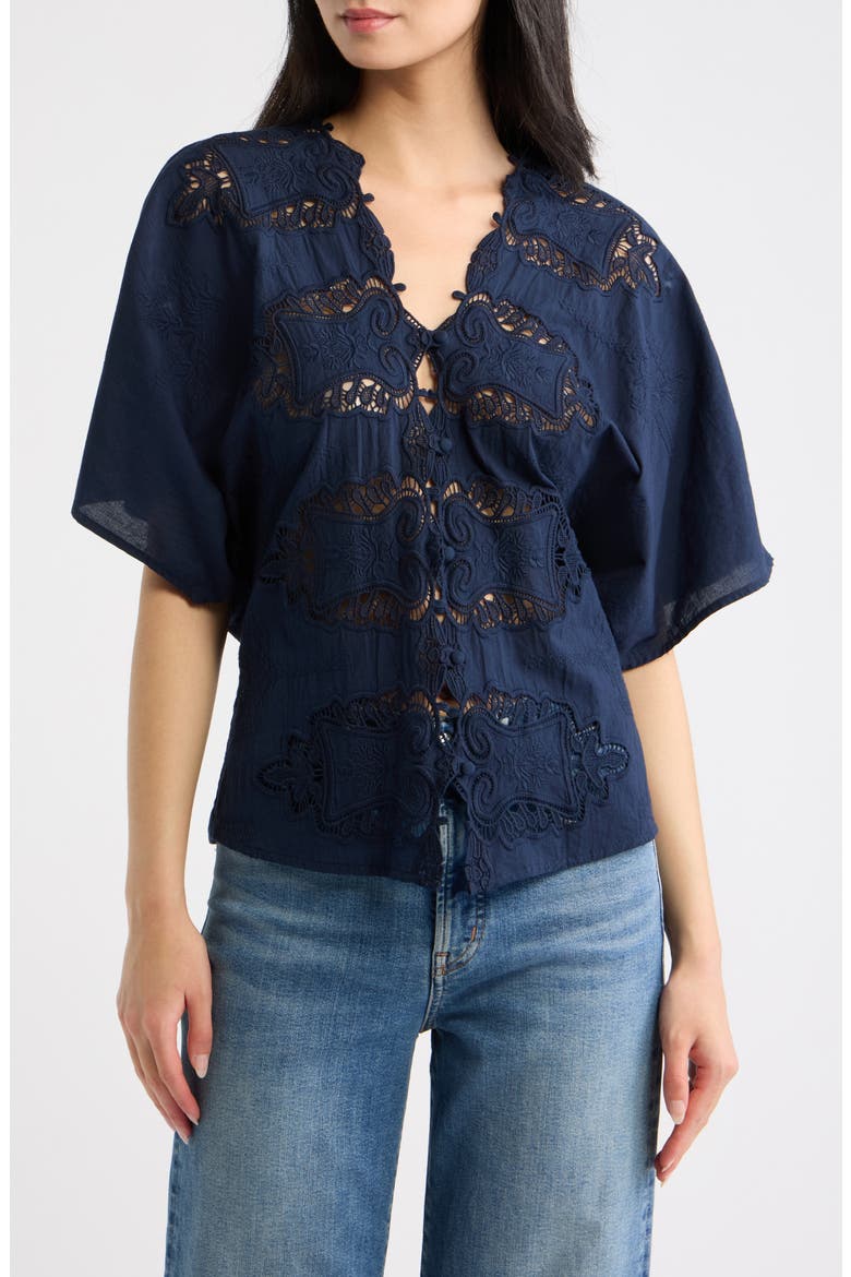 Embroidered Lace Short Sleeve Cotton Shirt, Main, color, NAVY VINTAGE LACE