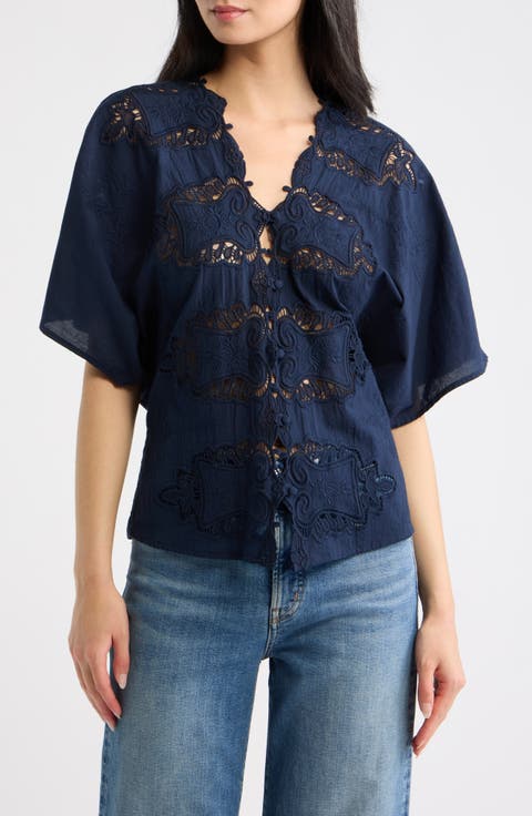 Embroidered Lace Short Sleeve Cotton Shirt