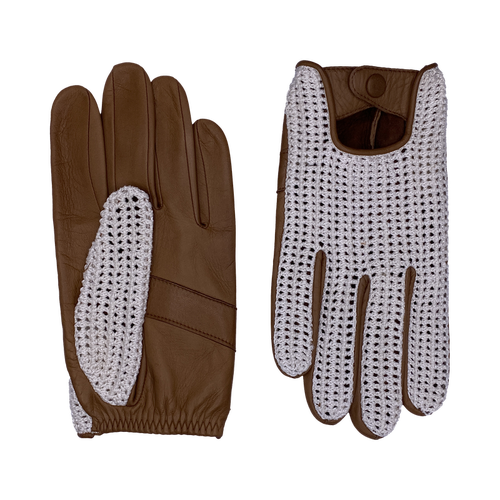 Agnelle Steve Lambskin And Ecru Cotton Crochet Driving Glove In Brown