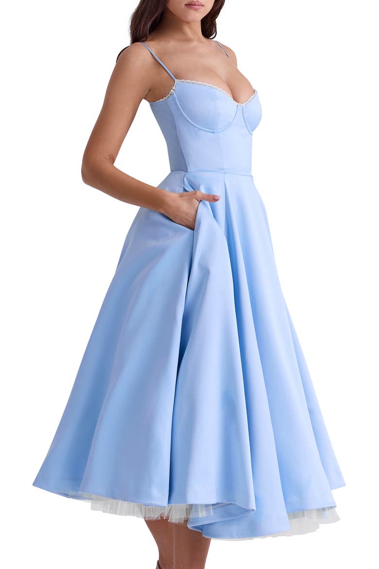 Mademoiselle Bustier Stretch Satin Midi Dress, Alternate, color, CINDERELLA BLUE