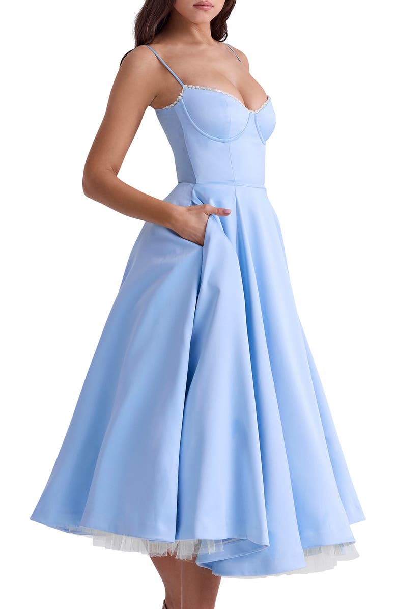HOUSE OF CB Mademoiselle Bustier Stretch Satin Midi Dress, Alternate, color, Cinderella Blue