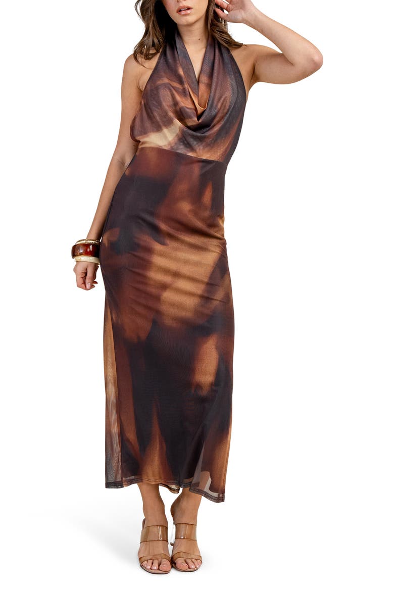 Cowl Neck Mesh Maxi Dress, Main, color, GOLDEN BROWN