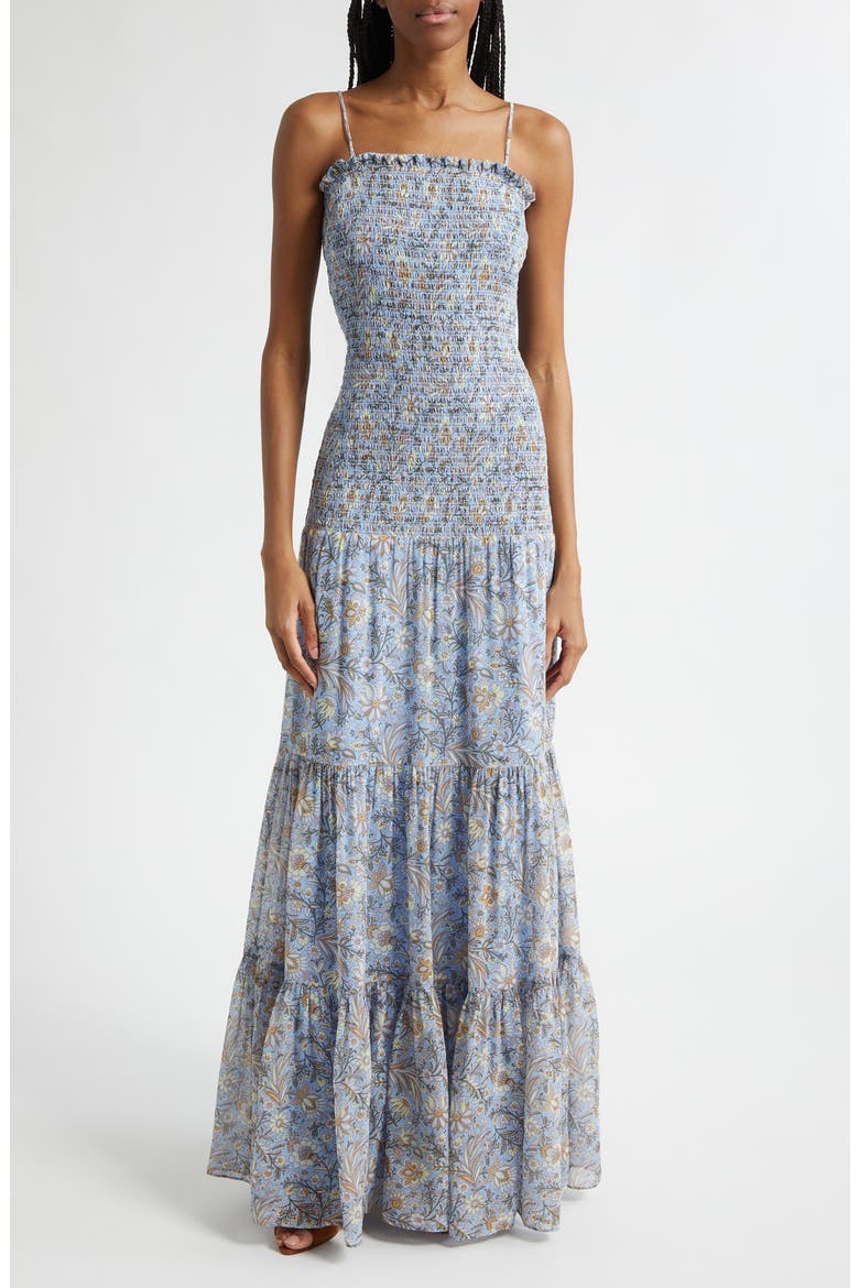 Clem Floral Cotton & Silk Tiered Maxi Dress, Main, color, BLUE JAY MULTI