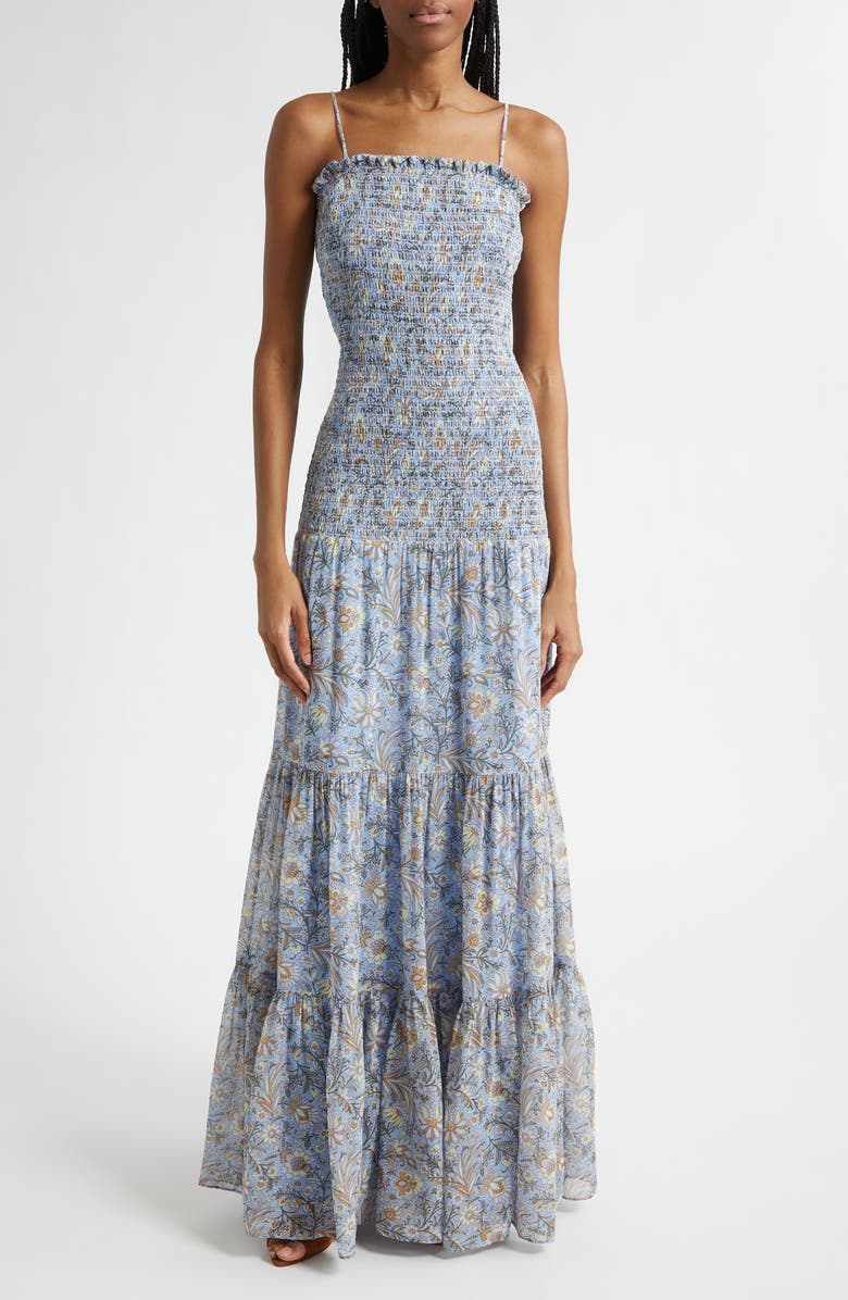Veronica Beard Clem Floral Cotton & Silk Tiered Maxi Dress, Main, color, Blue Jay Multi