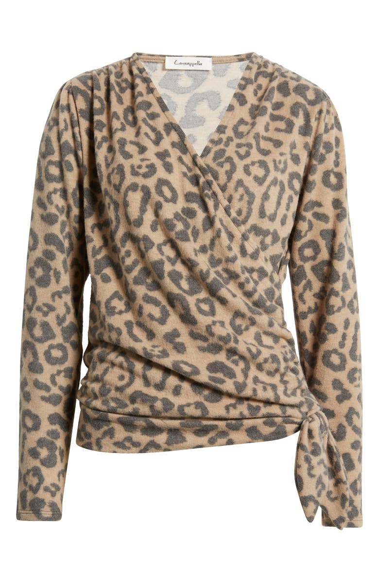 Loveappella Faux Tie Wrap Top, Alternate, color, Camel/ Charcoal