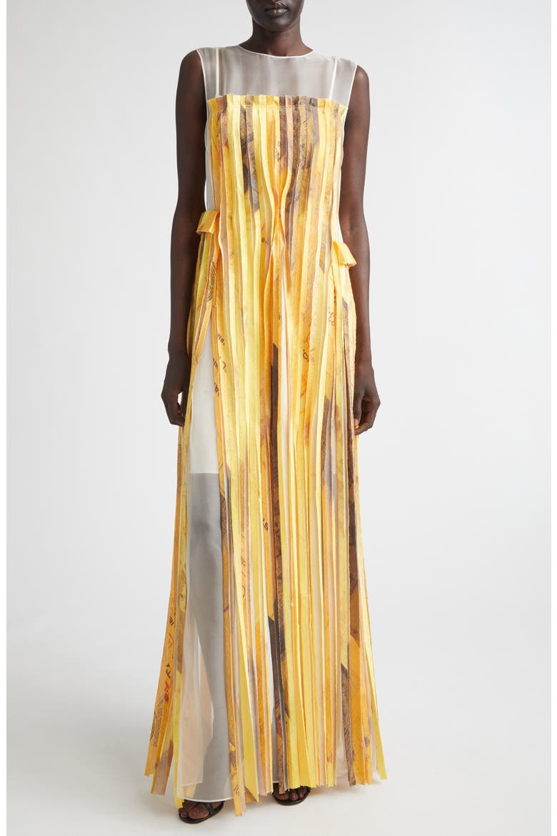 Sleeveless Silk Stripe Gown with Sulphur Bank Artwork by Robert Rauschenberg, Main, color, YELLOW MULTI
