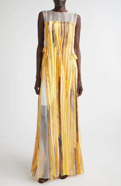 Sleeveless Silk Stripe Gown with Sulphur Bank Artwork by Robert Rauschenberg
