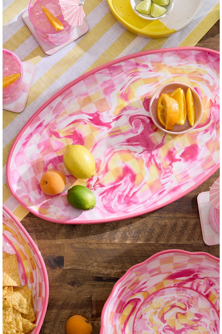 Pink Marble Check Melamine Oval Platter, Alternate, color, PINK