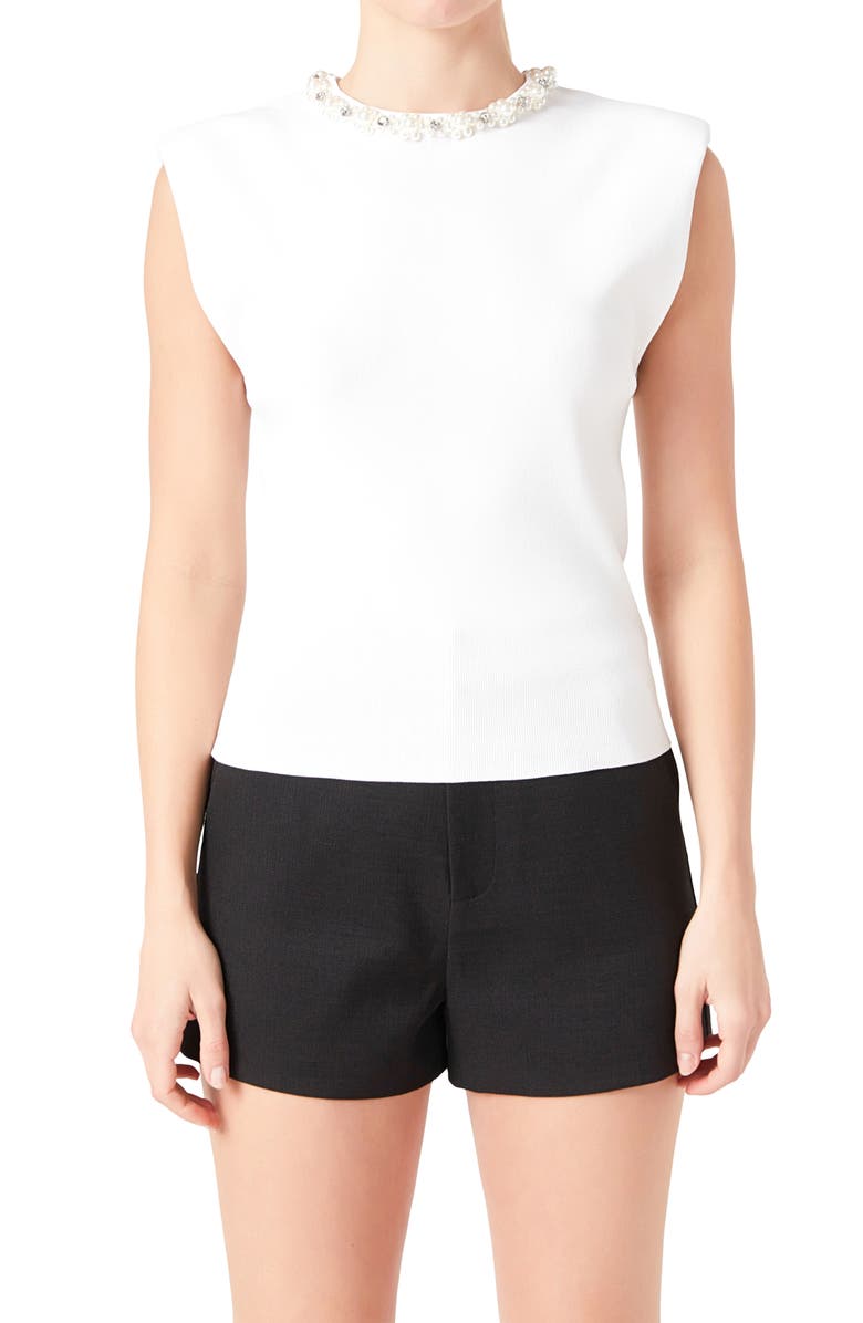 Endless Rose Embellished Elevated Cap Sleeve Knit Top, Alternate, color, White