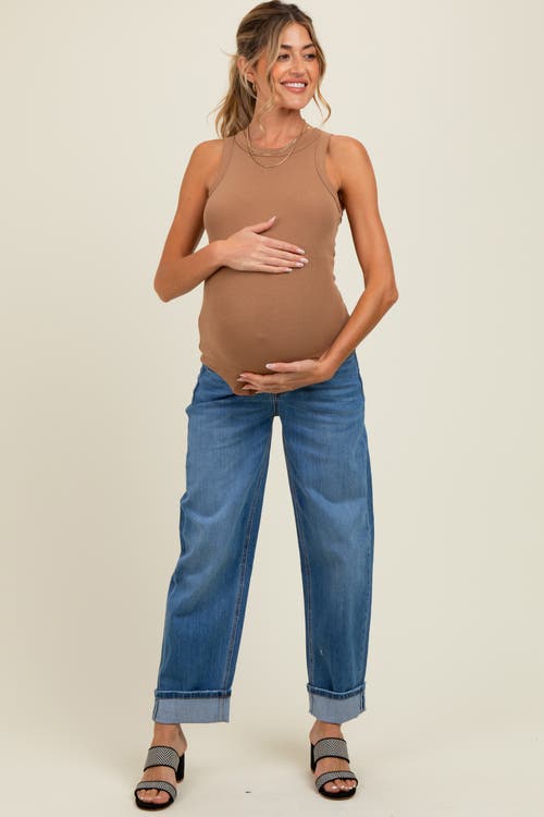 Pinkblush Rolled Cuffed Barrel Leg Maternity Jeans In Neutral