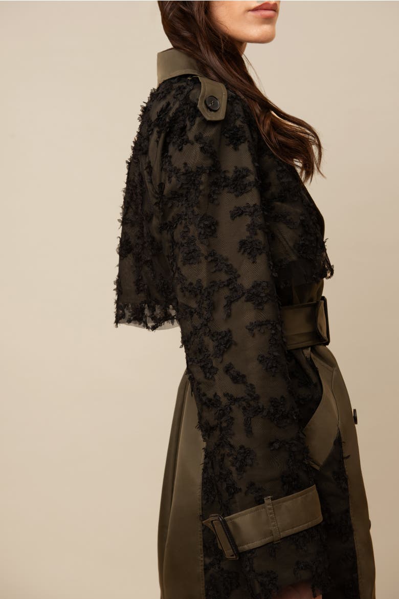 Claw Lace-Trimmed Elegant Cinched Trench Coat, Alternate, color, Black