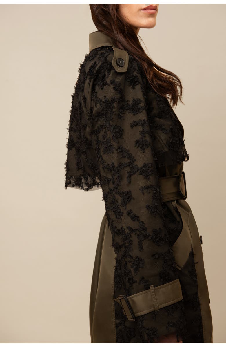 Contessa Mills Claw Lace-Trimmed Elegant Cinched Trench Coat, Alternate, color, Black