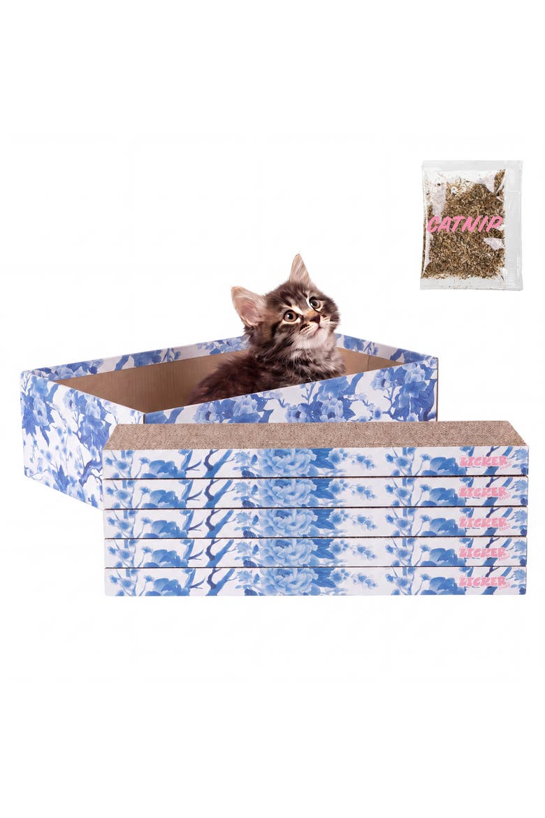 Naomi Modern Cardboard Reversible Cat Scratcher Pad in Box with Catnip, Main, color, Blue/White