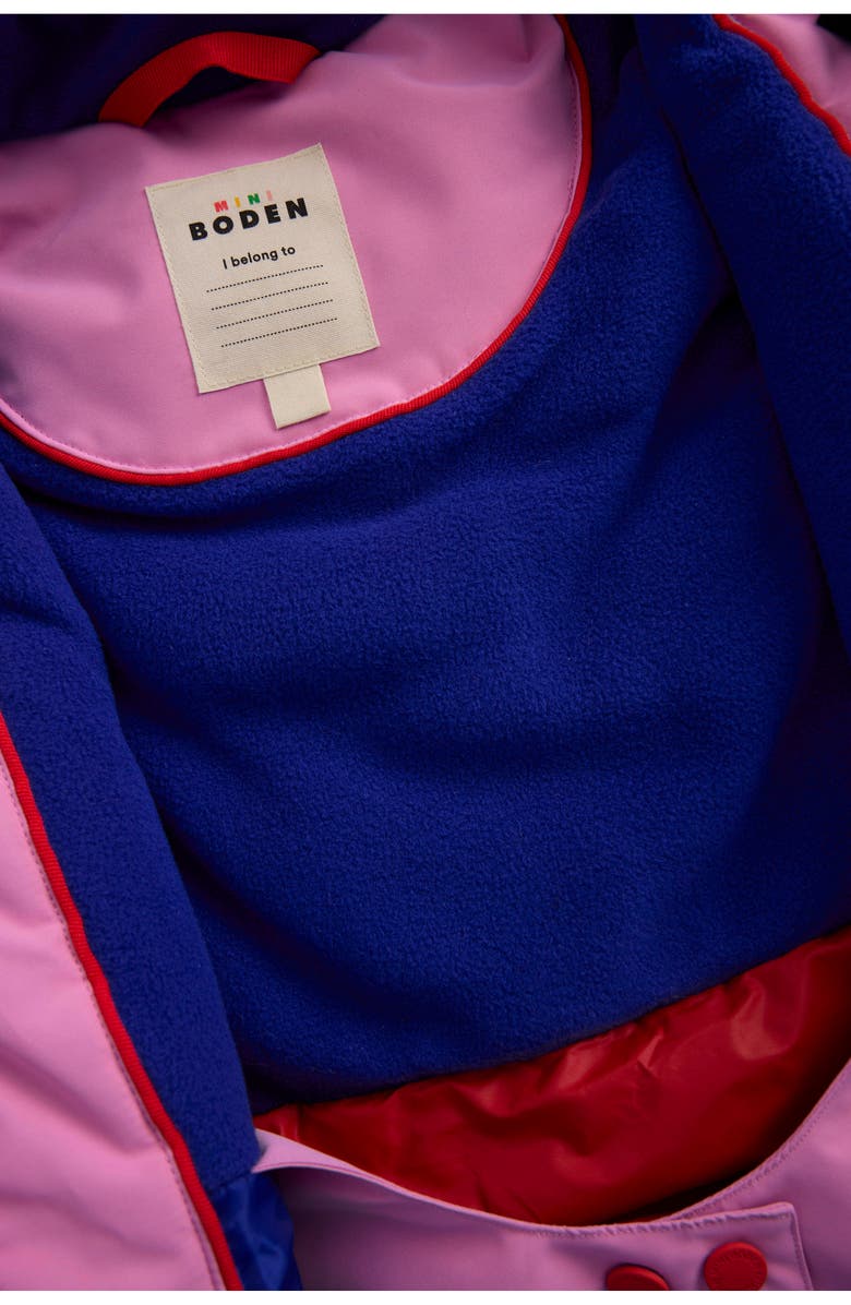 Mini Boden Kids' All Weather Faux Fur Trim Hooded Waterproof Coat, Alternate, color, Pink Metallic Colourblock