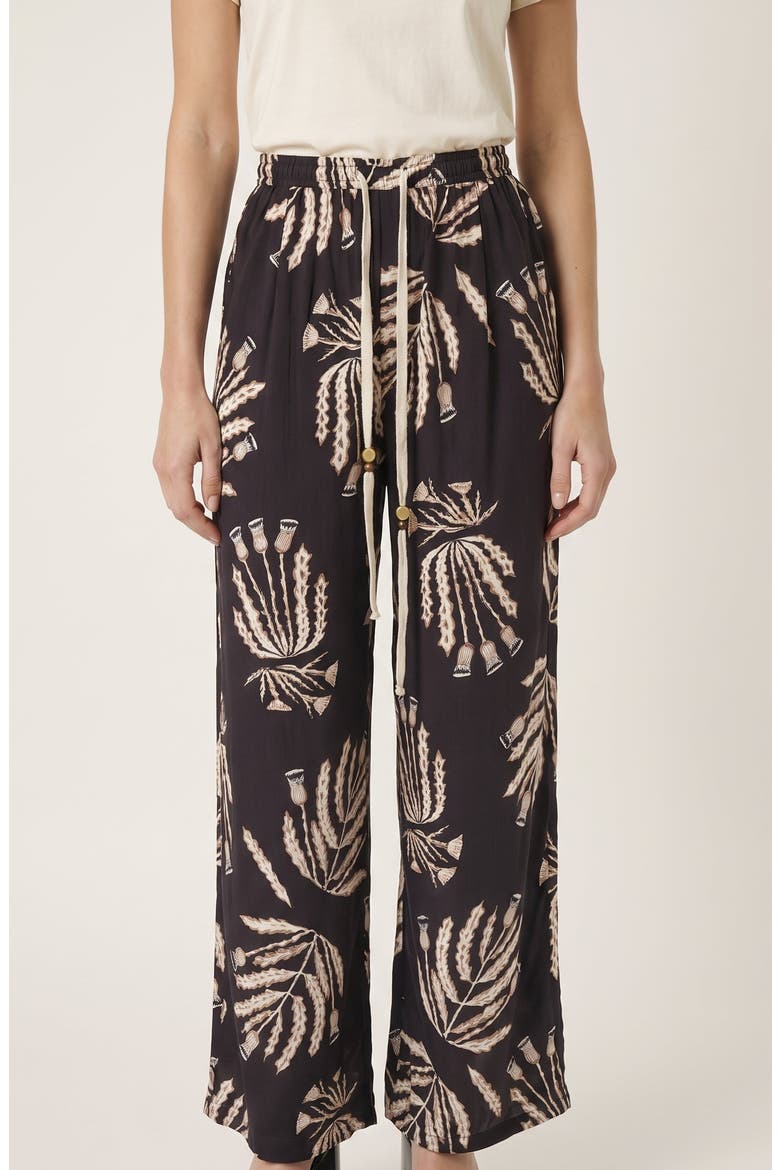 Botanical Print Wide Leg Pants with Drawstring Waist and Side Pockets, Alternate, color, Black