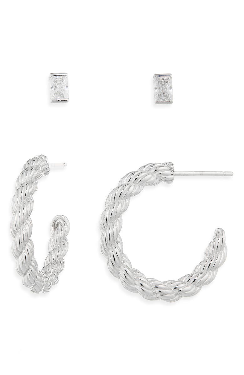 Nadri Stud & Hoop Earrings Set, Alternate, color, Rhodium