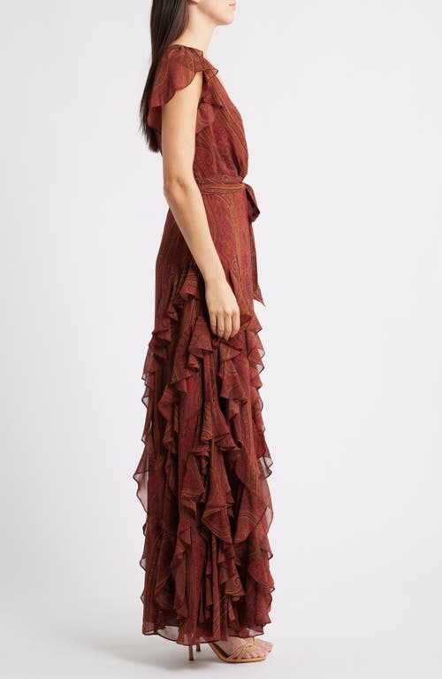 Ralph Lauren Lauren Paisley Ruffle Trim Flutter Sleeve Gown In Brown