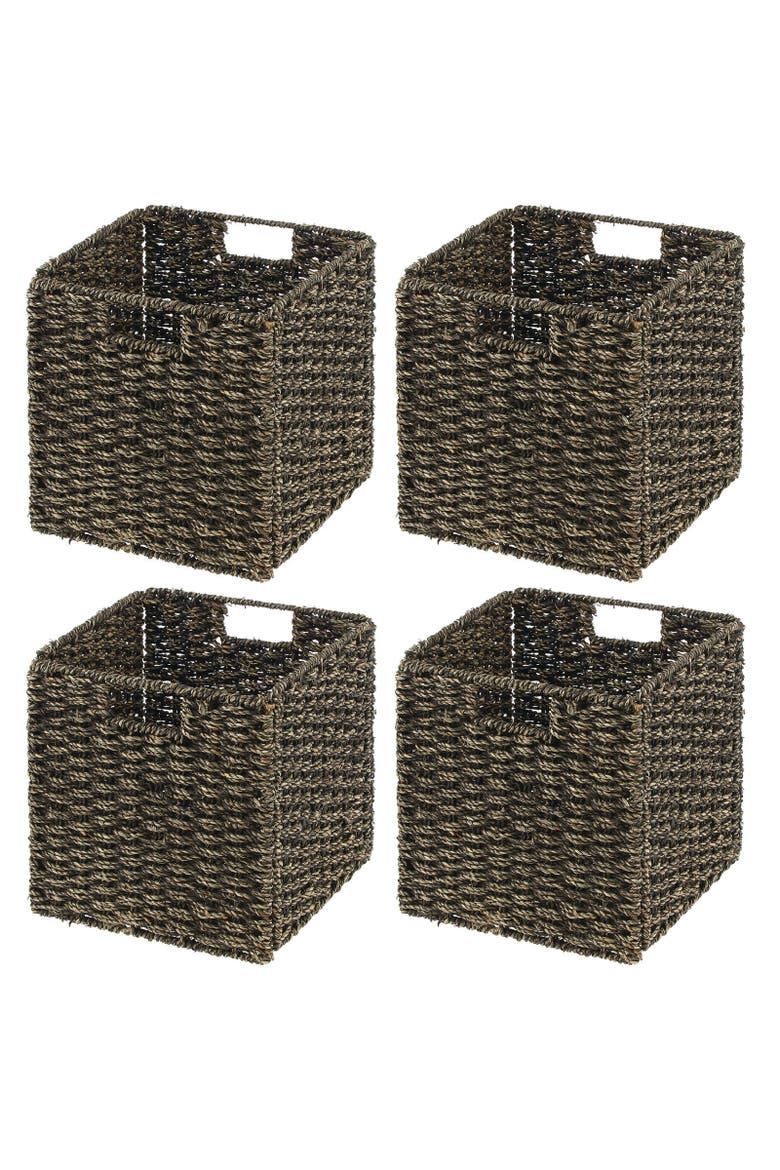 Seagrass Woven Cube Bin Basket Organizer, Handles, 4 Pack, Main, color, Black Wash