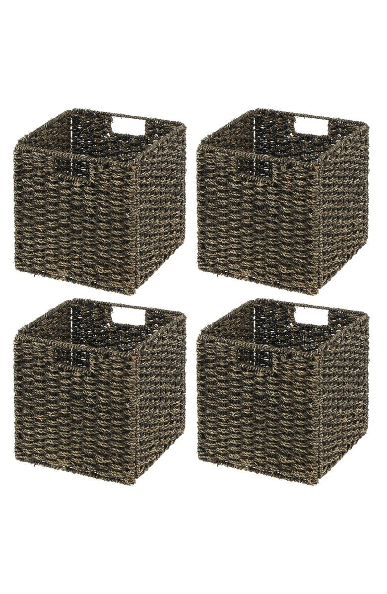 mDesign Seagrass Woven Cube Bin Basket Organizer, Handles, 4 Pack, Main, color, Black Wash